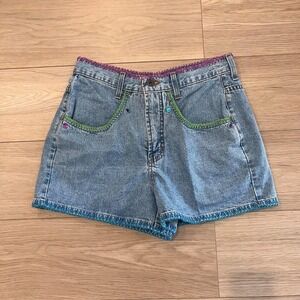 Hollywood Vintage Denim Shorts High Waisy Crochet Stitching Rhinestone Women 10